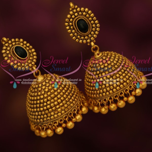 J14308 Black Colour Stones Beads Big Jhumka Earrings Bead Drops Matte Antique Jewellery Shop Online