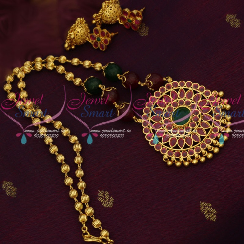 NL14280 Red Green Golden Beads Chain Pendant Floral Caps Matching Jhumka South Indian Jewellery Online