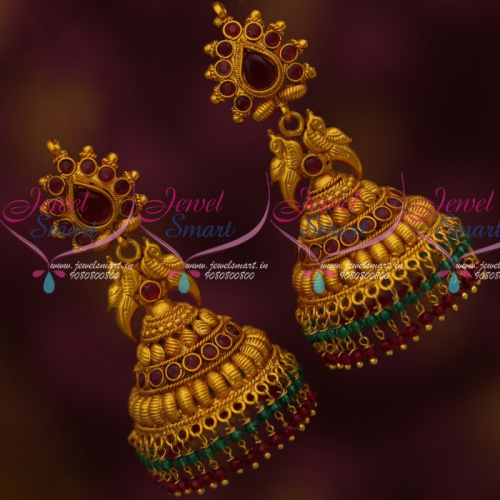 J14428 Matte Gold Plated Jewellery Big Size Double Layer Bead Drops Jhumka Earrings Shop Online