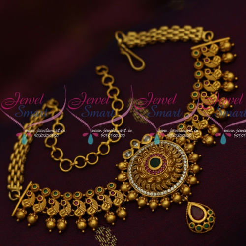 V14651 Peacock Design Bead Drops Intricately Crafted AD Bridal Bajuband Chain Vanki Online