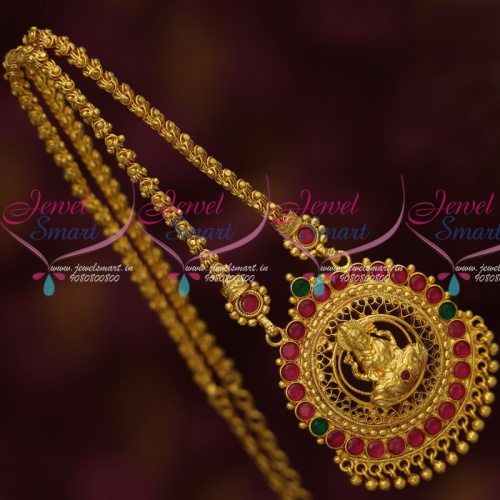 NL14356 Gold Covering Jewellery Daily Wear Flexible Chain Temple Pendant Multi Colour Stones 