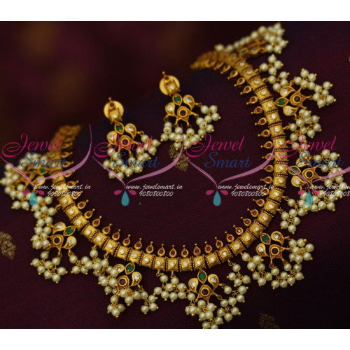 NL14435 Dull Gold Plated Pearl Jewellery Gutta Pusalu Necklace Traditional Design Imitation Online