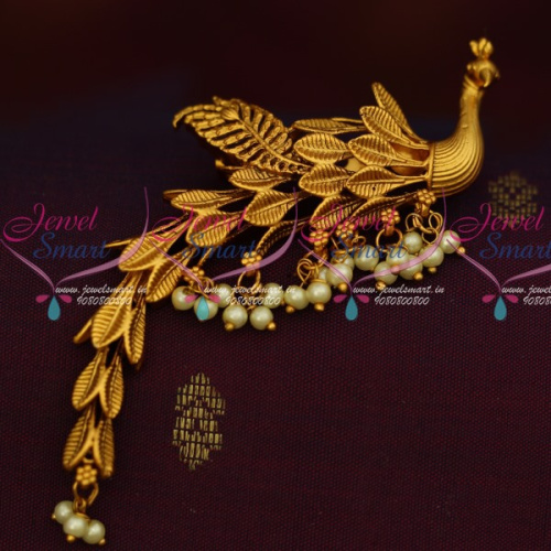 S13761 Peacock Design Wagging Tail Saree Pin Brooch Latest Matte Green Drops Gold Plated Jewelry Online