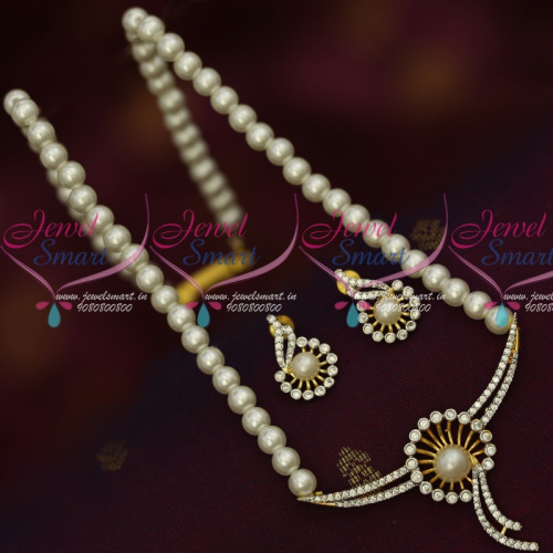 NL14580 Single Line Pearl Mala AD Stones Pendant Earrings Latest Artificial Jewellery Designs Online