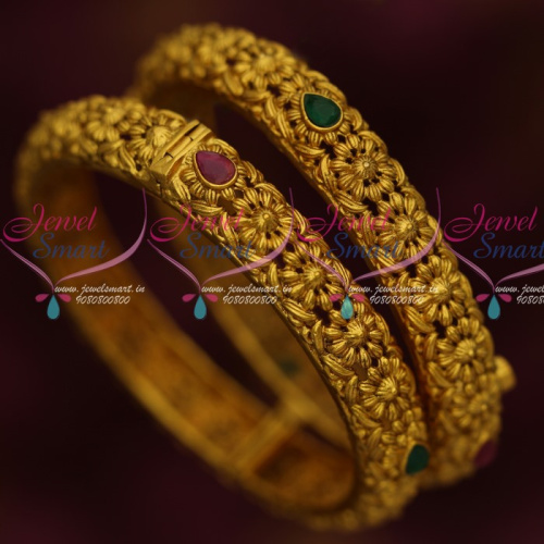 B14680 Antique Finish Kada Bangles Screw Open Floral Design Imitation Jewellery Online