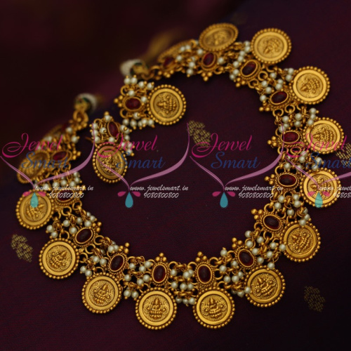 NL14652 Temple Coin Laxmi God Engraved Matte Gold Plated Kemp Pearl Jewellery Necklace Online