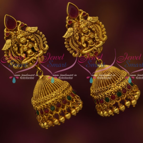 J14602 Antique Temple Jewellery Red Green Stones Jhumka Earrings Latest Imitation Designs Online