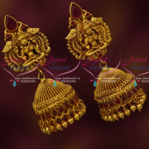 J14614 Red Stones Antique Temple Jewellery Jhumka Earrings Latest Imitation Designs Online