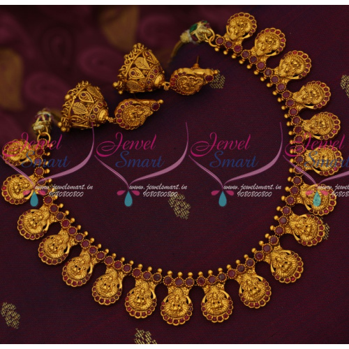 NL14281 Temple Laxmi God Engraved Necklace Set Ruby Stones Matching Jhumka Earrings Online