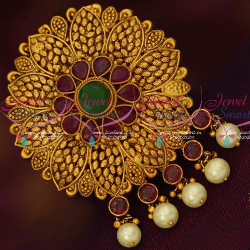 H14974 Ruby Emerald Floral Leaf Design Semi Precious Stones Hair Rakodi Bridal Traditional Jewelry Online