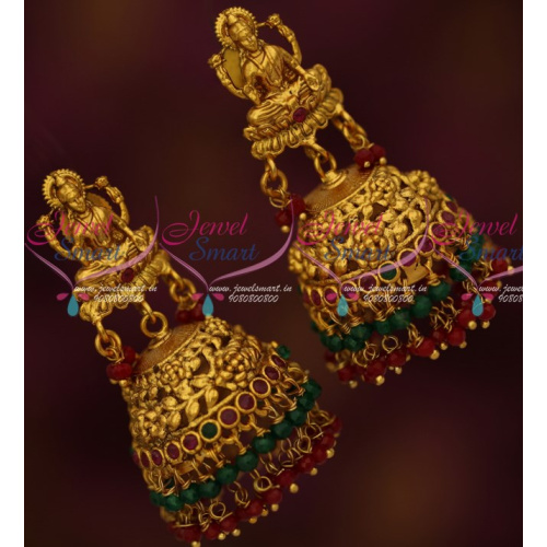 J15044 Double Layer Red Green Bead Danglers Temple Jhumka Earrings Latest Design Online