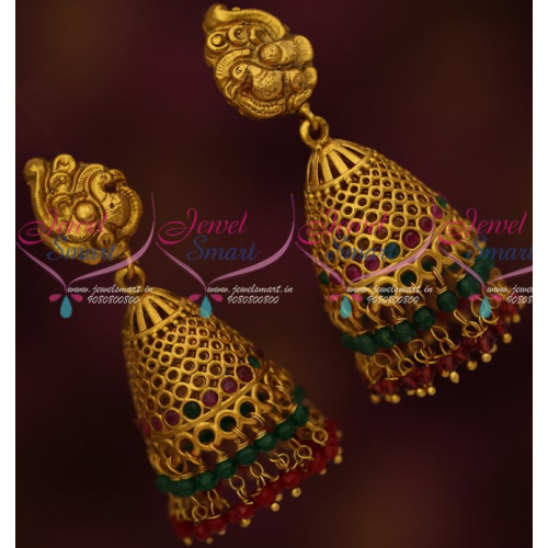J15046 Double Layer Red Green Bead Danglers Nakshi Jhumka Earrings Latest Design Online