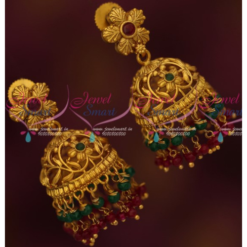 J15048 Floral Design Fancy Bead Danglers Antique Jhumka Earrings Latest Imitation Jewelry Online