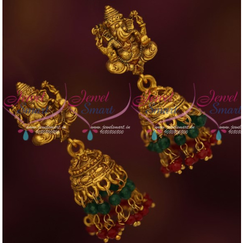 J15059 Temple Vinayagar Design Traditional Nagas Jhumka Earrings Red Green Drops Imitation Jewelry