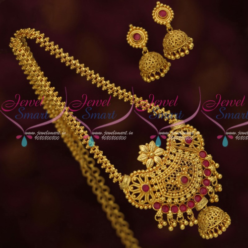 NL13623R South Indian Gold Covering Chain Pendant Ruby Jhumka Traditional Collections