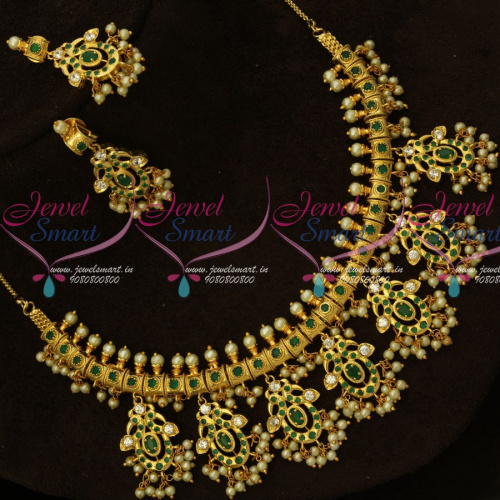NL15081 Emerald Green Stones One Gram Gold Jewellery South Indian Gutta Pusalu Necklace