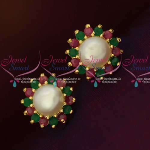 ER14790 Ruby Emerald Fresh Water Pearls Small Size Traditonal Earrings Shop Online