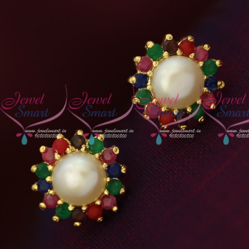 ER14792 Multi Colour AD Fresh Water Pearls Small Size Traditonal Earrings Shop Online