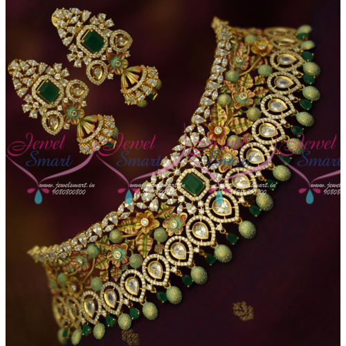 NL14714 Floral Green Colour Gold Jewellery Look AD Sparkling Bridal Choker Necklace Latest Fusion Designs
