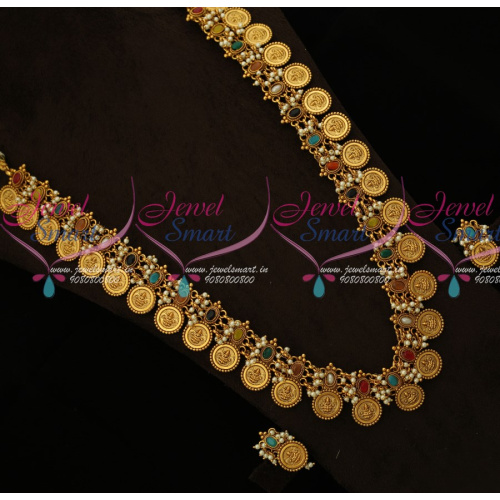 NL14759 Navratna Multi Colour Temple Kasumala Haram Laxmi God Engraved Kemp Pearl Jewellery Online