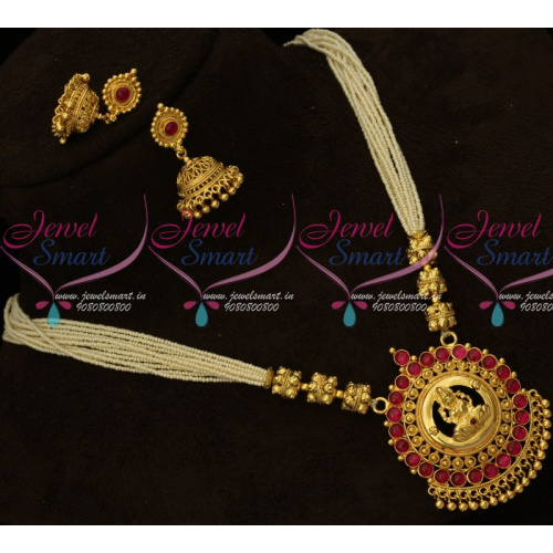 NL14961 Kemp Red Hand Beaded Rice Pearls Temple Gold Plated Pendant Jhumka Earrings Online