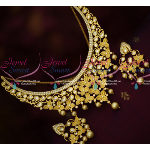 NL14788 Light Gold Matte Finish Kundan AD Jewellery New Design Gold Look Imitation Necklace Online