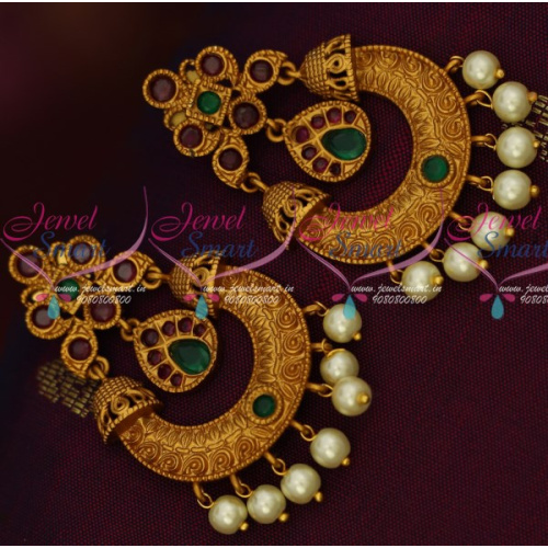 ER14889 Matte Gold Finish Ruby Emerald Chand Bali Earrings Pearl Drops Shop Online Low Price