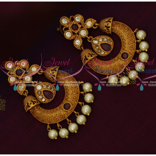 ER14890 Matte Gold Finish Ruby Stones Chand Bali Earrings Pearl Drops Shop Online Low Price
