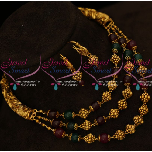 NL14849 Tushi Mala Layer Necklace Nakshi Pipe Design Red Green Beaded Jewelry Bali Earrings