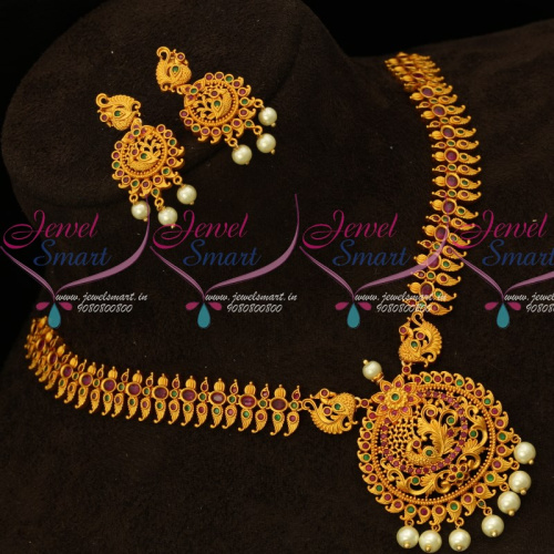 NL14762 Reddish Matte AD Semi Precious Ruby Peacock Jewellery Latest Designs Online