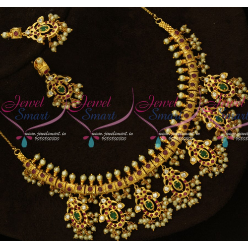 NL15082 Multi Color AD Stones One Gram Gold Jewellery South Indian Gutta Pusalu Necklace