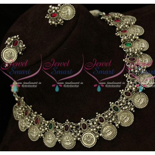 NL14752 Silver Oxidised Temple Coin Necklace Kemp Red Green Stones Shop Online