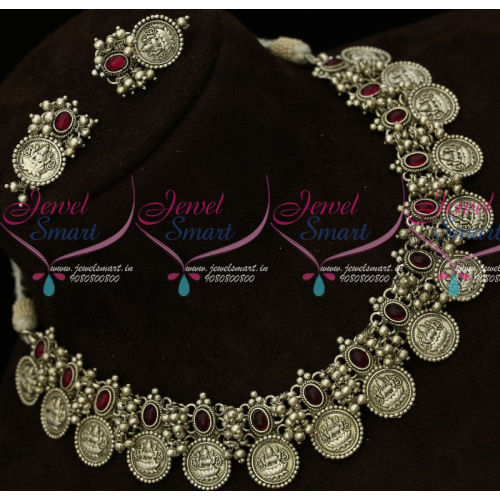 NL14753 Silver Oxidised Temple Coin Necklace Kemp Red Stones Shop Online