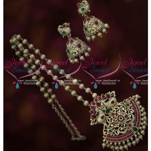 PS14899 Matte Antique Silver Plated Ball Chain Red Green Stones Matching Jhumka Fashion Jewellery Online