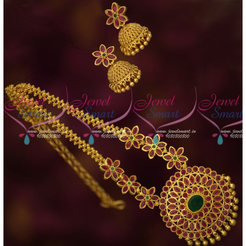 PS15132 Fancy Floral Design Stone Chain Gold Plated Matching Jhumka Earrings Latest Imitation