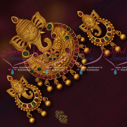 PS14742 Lord Ganapathy Design Pendant Matching Earrings Temple Traditional Jewelry Online