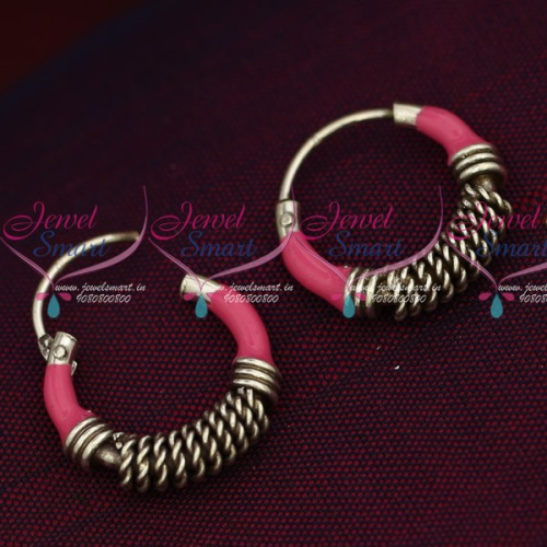 ER15850 92.5 Silver Jewellery Small Bali Hook Pink Earrings Kids Daily Wear Jewelry Online