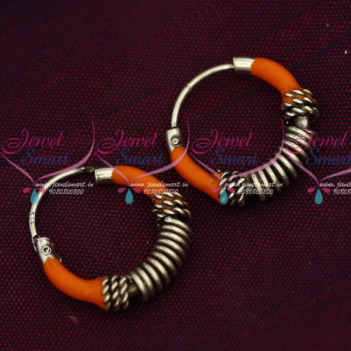 ER15853 92.5 Silver Jewellery Small Bali Hook Orange Earrings Kids Daily Wear Jewelry Online