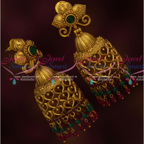 J15608 Floral Design Matte Antique Big Size Bead Drops Jhumka Earrings