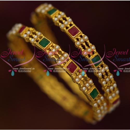 B15337 Pearl Bangles 2 Pcs Set Gold Antique Jewellery Traditional Design Online