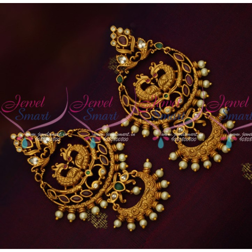 ER15353 Latest Offer Price Peacock Long Chand Bali Matte Gold Finish Imitation Jewelry Designs Online 