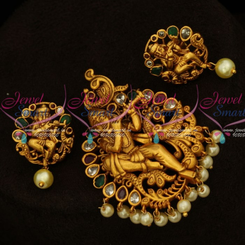 PS15708 Lord Krishna Design Antique Traditional Pendant Set AD Stones Jewelry