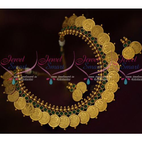 NL15505 Green StonesAntique Temple Jewellery Coin Necklace Short Kasulaperu Online