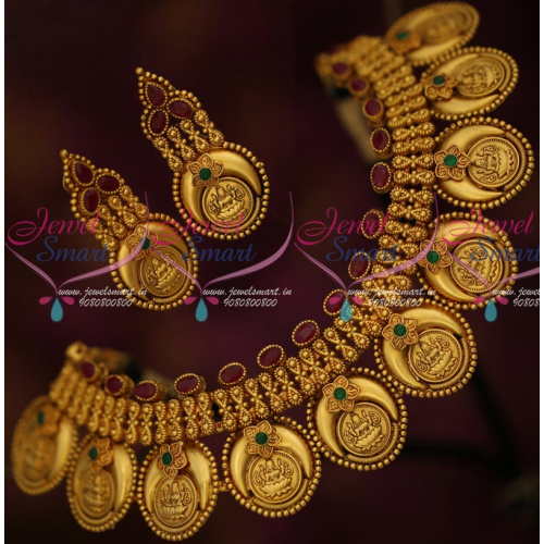 NL15657 Chandralakshmi Temple Coin Necklace Intricate Work Matte Finish Jewellery Set