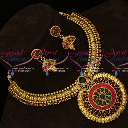 NL15320 Red Green Stones Setting Round Pendant Fashion Jewellery Necklace Gold Plated Design