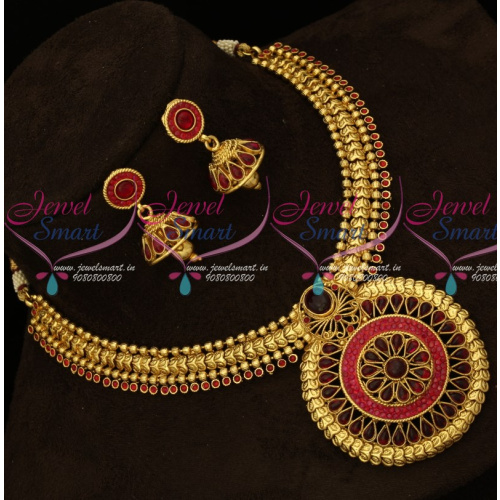 NL15321 Red Stones Setting Round Pendant Fashion Jewellery Necklace Gold Plated Design