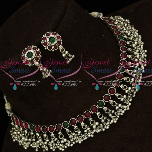 NL15688 Round Kemp Stones Antique Silver Plated Fancy Bead Danglers Jewellery Set Online