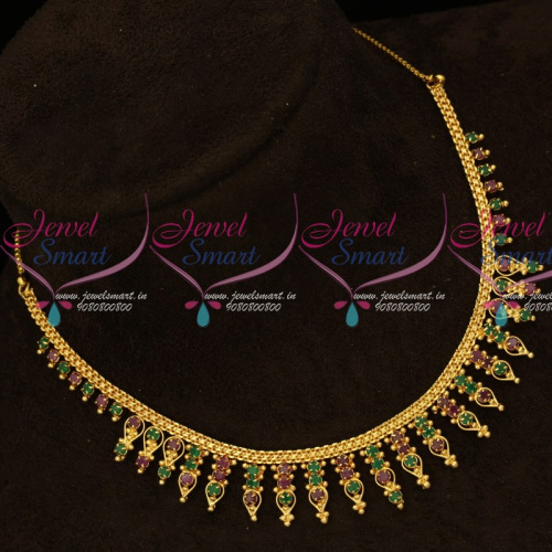 NL15411 Kerala Style Ruby Emerald Stones Gold Covering South Indian Necklace Online