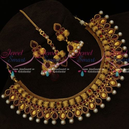 NL15315 Kharbuja Beads Fancy Broad Design Antique Gold Plated Necklace Jhumka Tikka Online