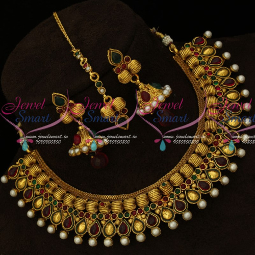 NL15316 Kharbuja Beads Design Antique Gold Plated Jewellery Set Jhumka Tikka Online